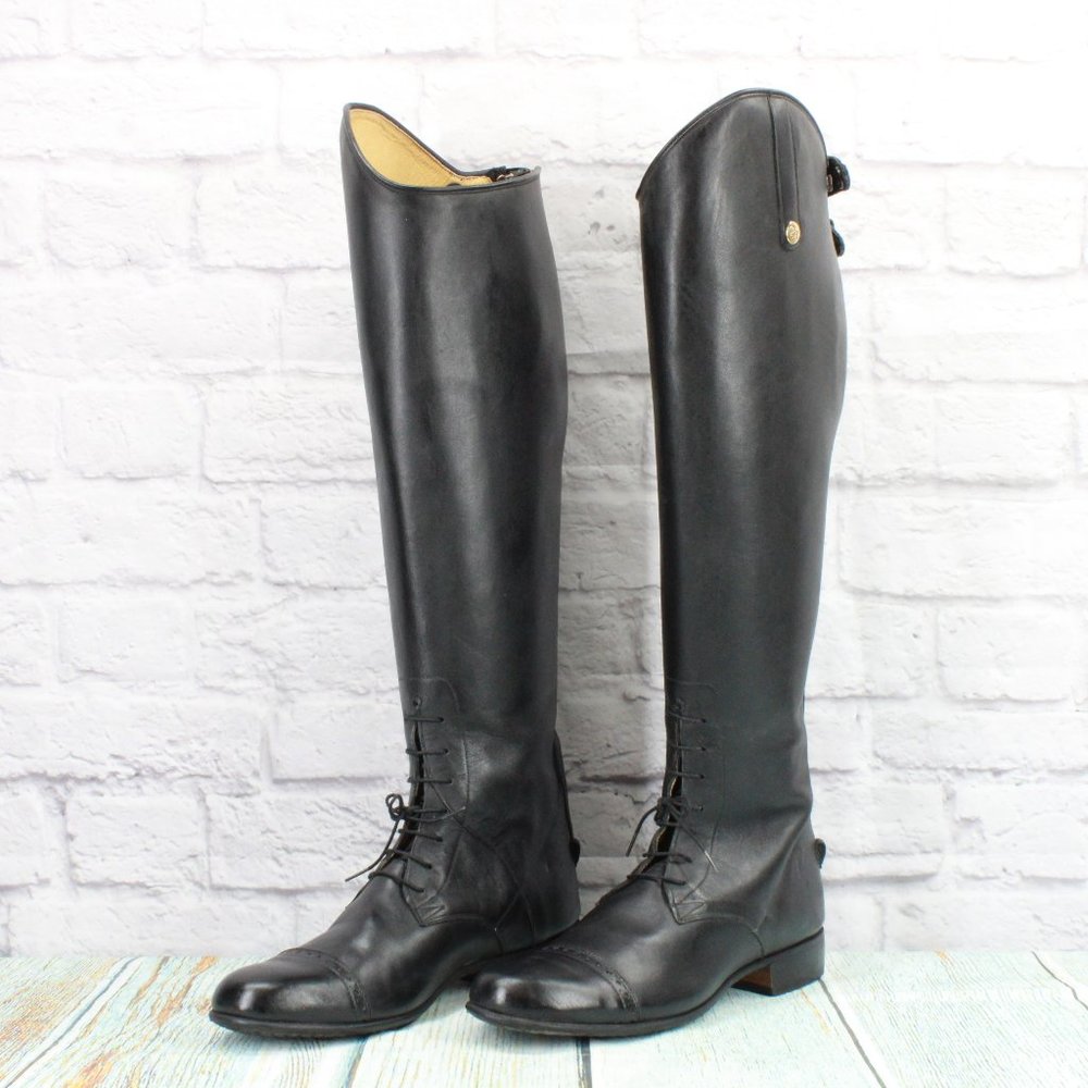 *Unbranded Black Leather Pull On Cap Toe Back Zipper Tall Boots Size 10.5 - Picture 2 of 9